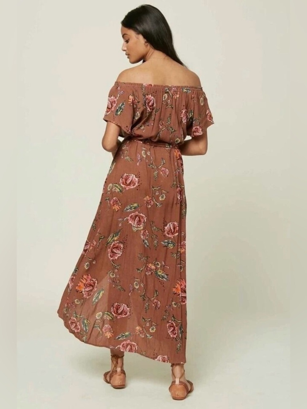 O'Neill Conners Off The Shoulder Midi Dress Crinkle Gauze Floral Boho Pink Brown - Picture 11 of 12